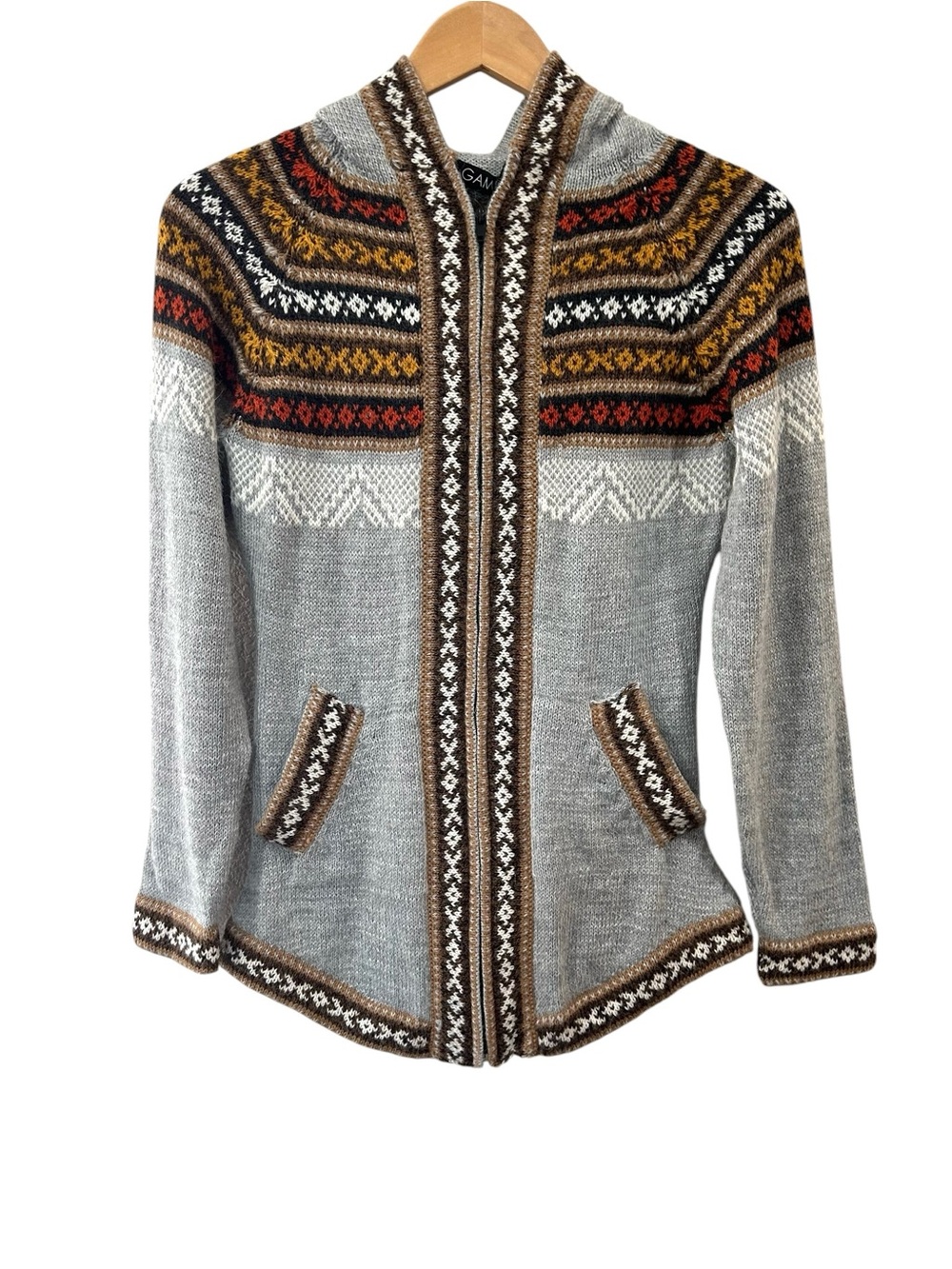 Gamboa women’s Alpaca full Zip Hoodie sweater S fair isle grey made in Peru NWT